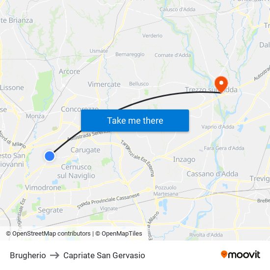 Brugherio to Capriate San Gervasio map