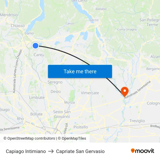 Capiago Intimiano to Capriate San Gervasio map