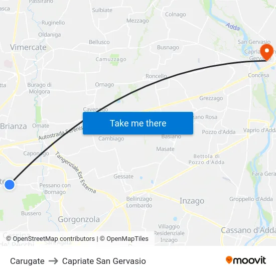 Carugate to Capriate San Gervasio map