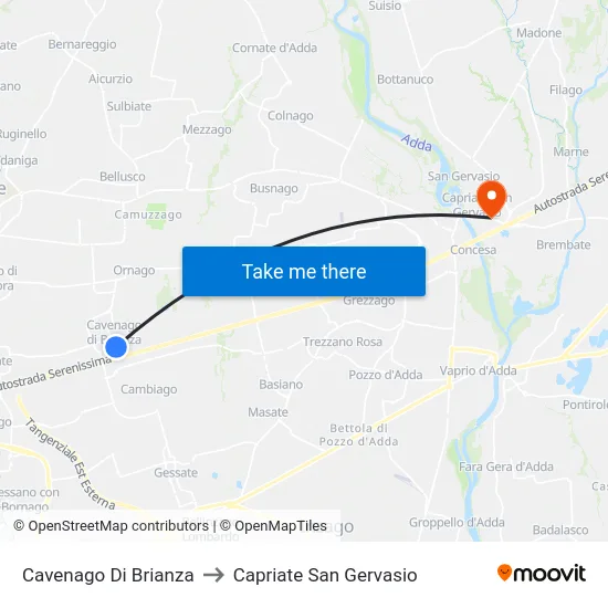 Cavenago Di Brianza to Capriate San Gervasio map
