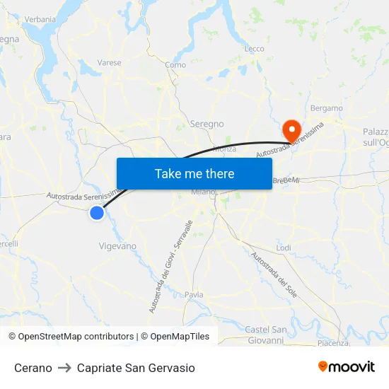 Cerano to Capriate San Gervasio map