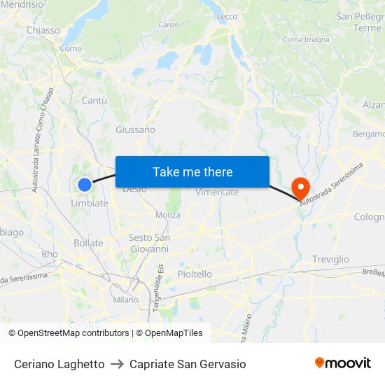 Ceriano Laghetto to Capriate San Gervasio map