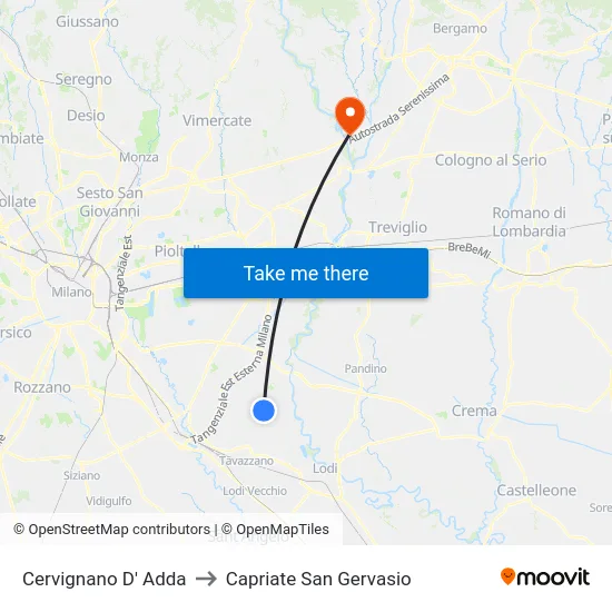 Cervignano D' Adda to Capriate San Gervasio map
