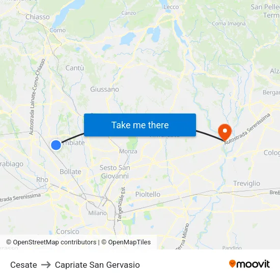 Cesate to Capriate San Gervasio map