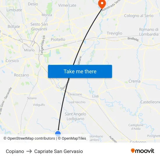 Copiano to Capriate San Gervasio map