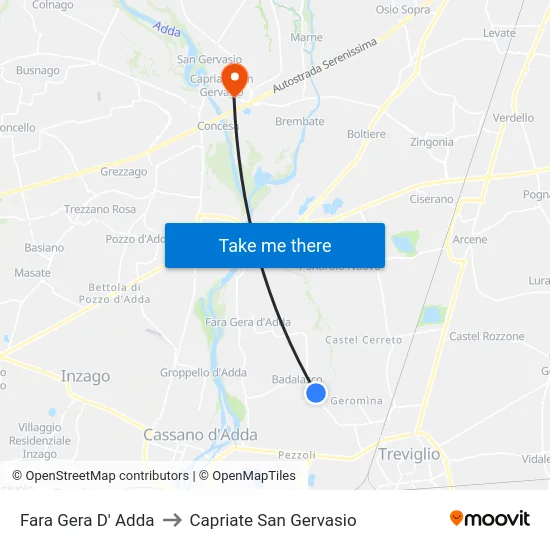 Fara Gera D' Adda to Capriate San Gervasio map