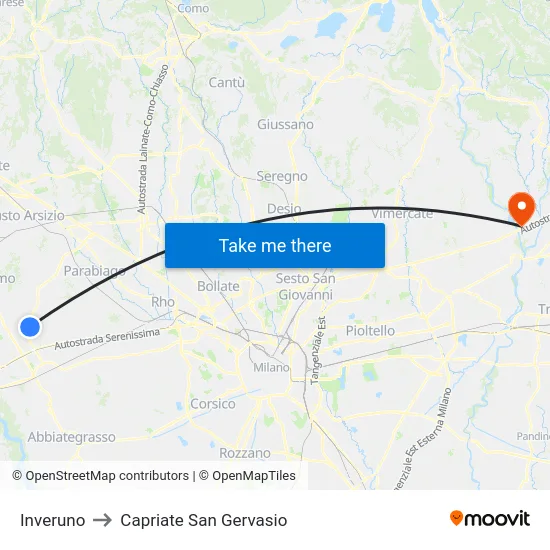 Inveruno to Capriate San Gervasio map