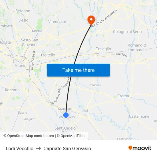 Lodi Vecchio to Capriate San Gervasio map