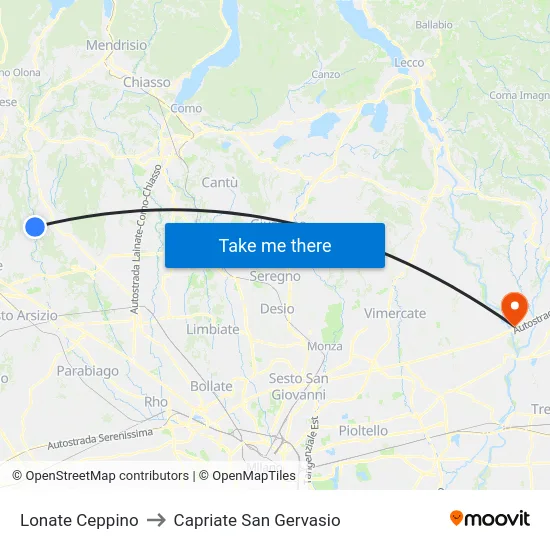 Lonate Ceppino to Capriate San Gervasio map