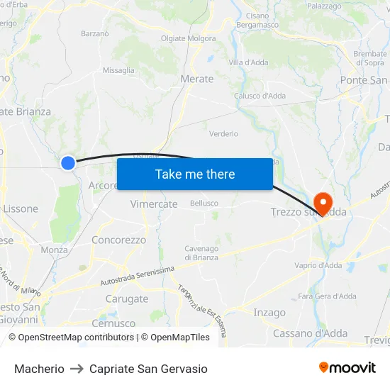 Macherio to Capriate San Gervasio map