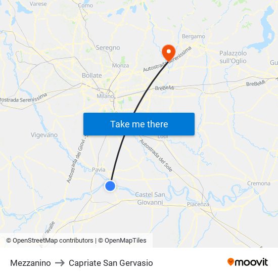Mezzanino to Capriate San Gervasio map
