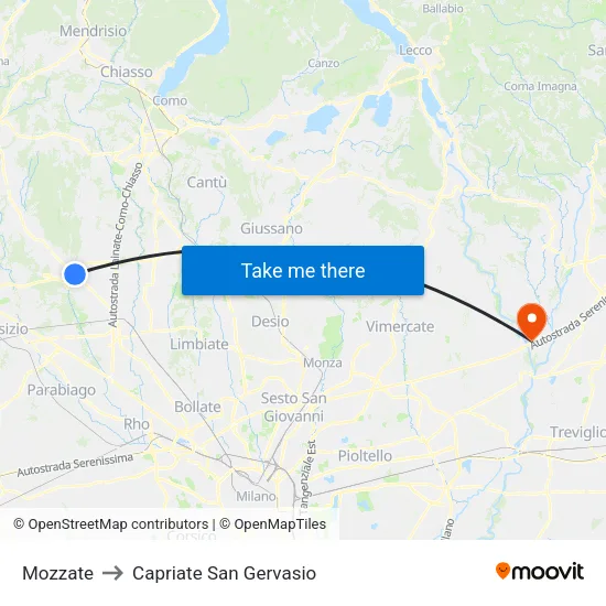 Mozzate to Capriate San Gervasio map