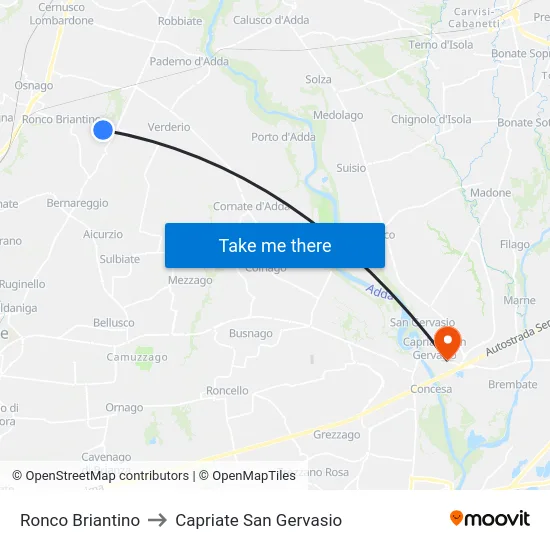 Ronco Briantino to Capriate San Gervasio map