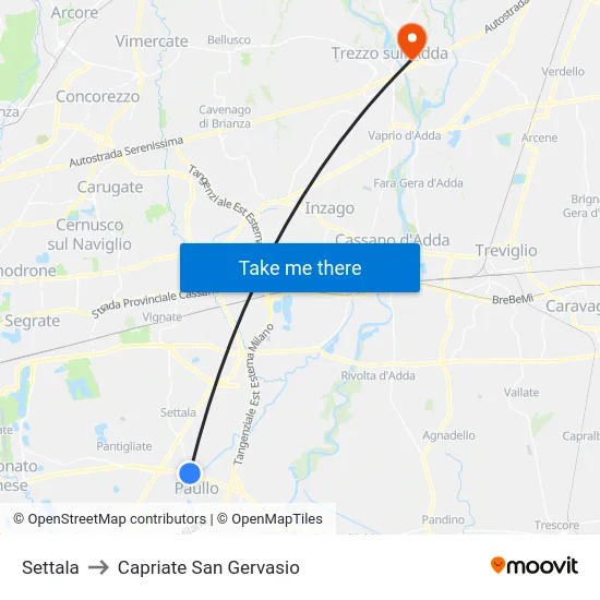 Settala to Capriate San Gervasio map