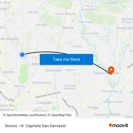Sovico to Capriate San Gervasio map