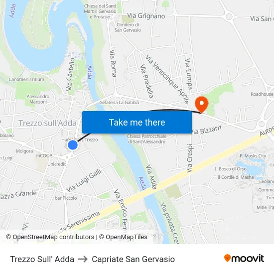 Trezzo Sull' Adda to Capriate San Gervasio map