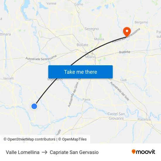 Valle Lomellina to Capriate San Gervasio map