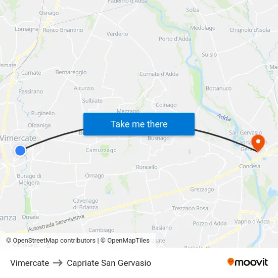 Vimercate to Capriate San Gervasio map