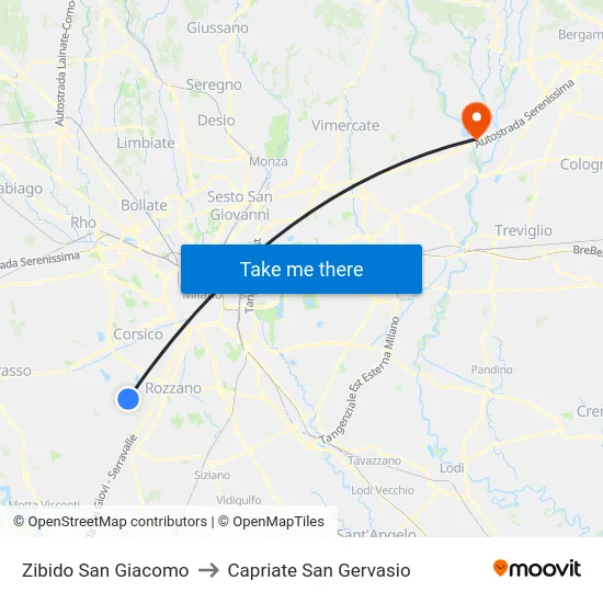 Zibido San Giacomo to Capriate San Gervasio map