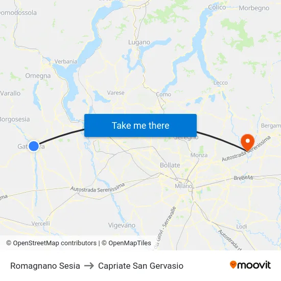 Romagnano Sesia to Capriate San Gervasio map