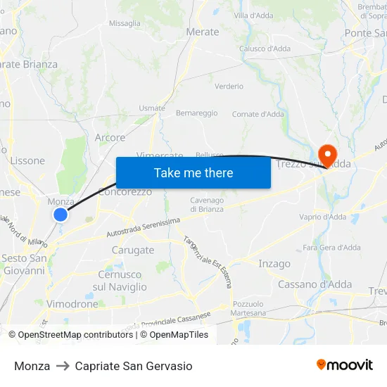 Monza to Capriate San Gervasio map