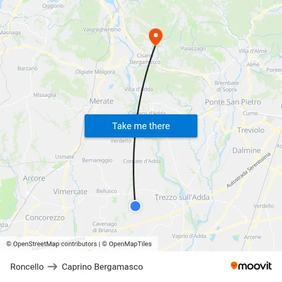 Roncello to Caprino Bergamasco map