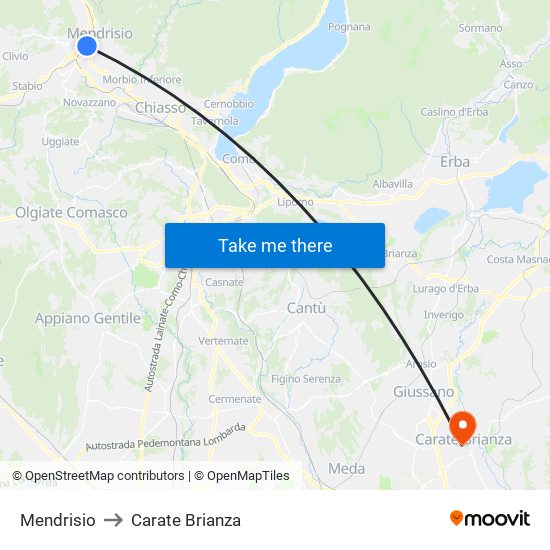 Mendrisio to Carate Brianza map