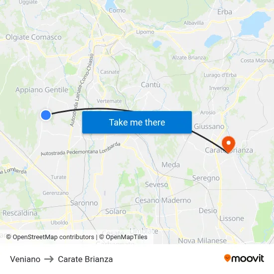Veniano to Carate Brianza map