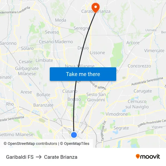 Garibaldi Station to Carate Brianza map