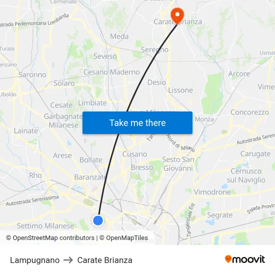 Lampugnano to Carate Brianza map