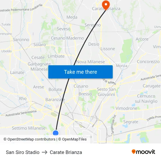 San Siro Stadium to Carate Brianza map