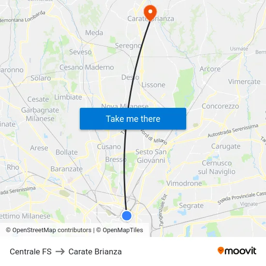 Centrale FS to Carate Brianza map