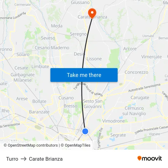 Turro to Carate Brianza map