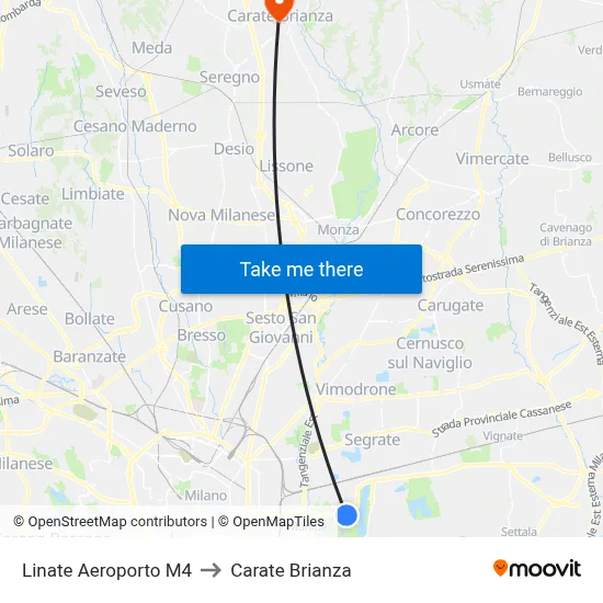 Linate Aeroporto M4 to Carate Brianza map