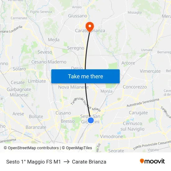 Sesto 1° Maggio FS M1 to Carate Brianza map