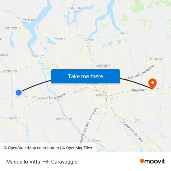 Mandello Vitta to Caravaggio map