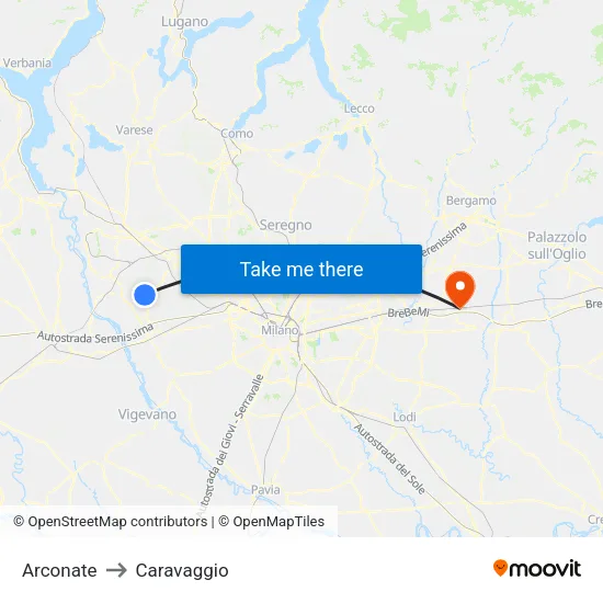 Arconate to Caravaggio map