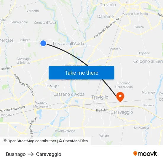 Busnago to Caravaggio map