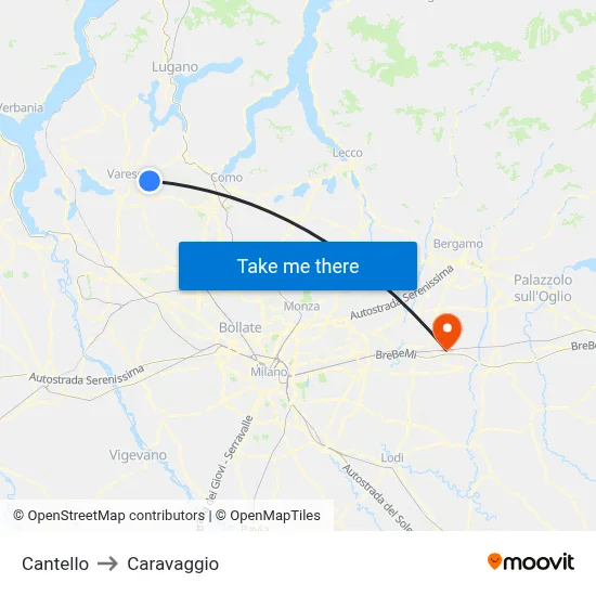 Cantello to Caravaggio map