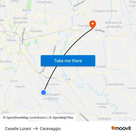 Caselle Lurani to Caravaggio map