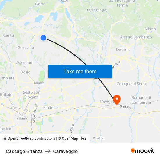 Cassago Brianza to Caravaggio map