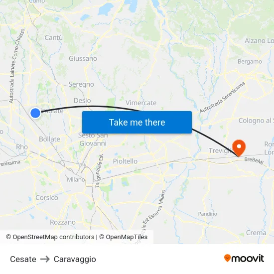 Cesate to Caravaggio map