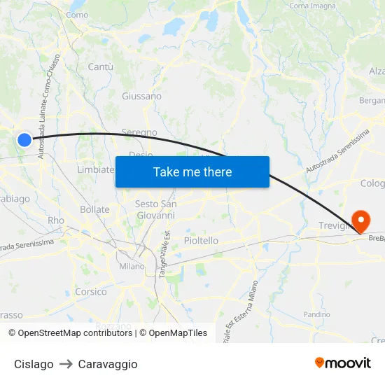 Cislago to Caravaggio map