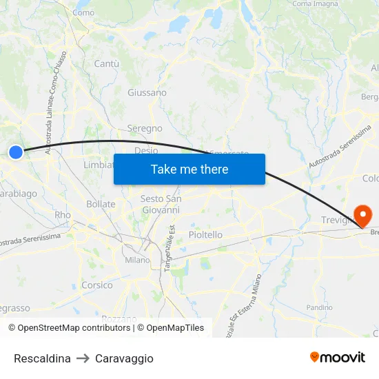 Rescaldina to Caravaggio map