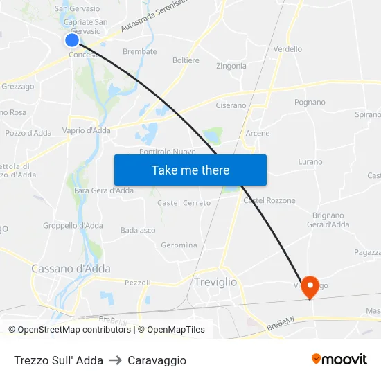 Trezzo Sull' Adda to Caravaggio map