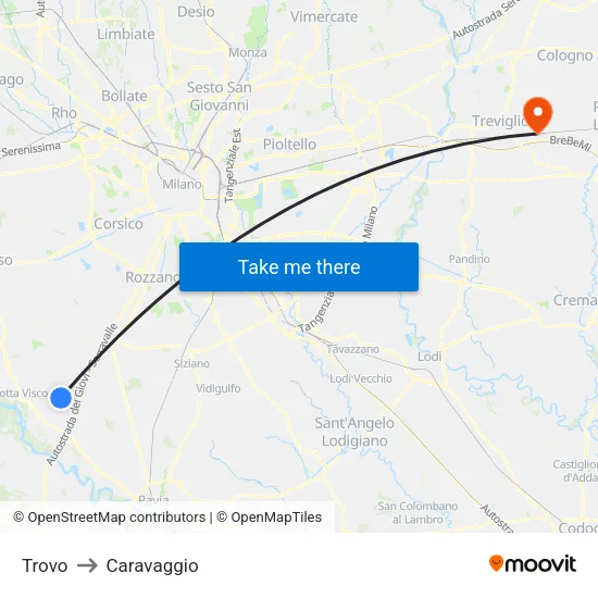 Trovo to Caravaggio map