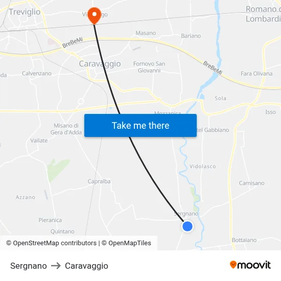 Sergnano to Caravaggio map