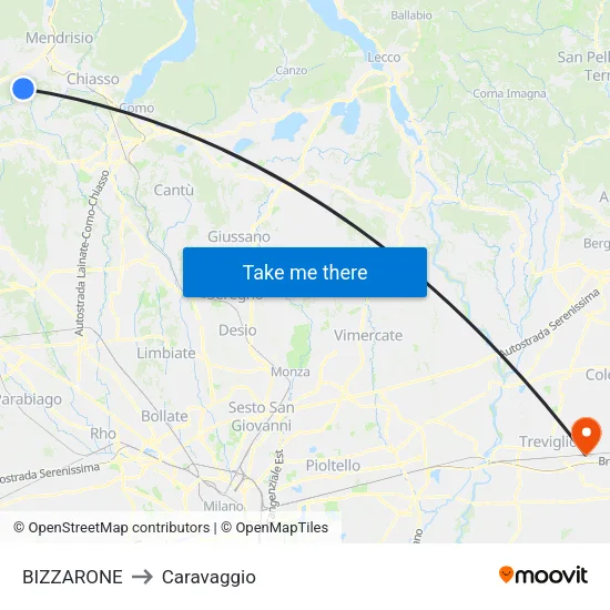 Bizzarone to Caravaggio map
