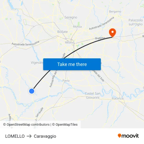 Lomello to Caravaggio map
