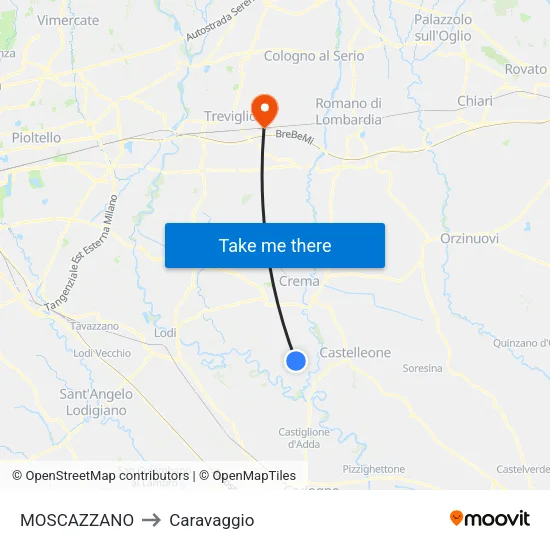Moscazzano to Caravaggio map